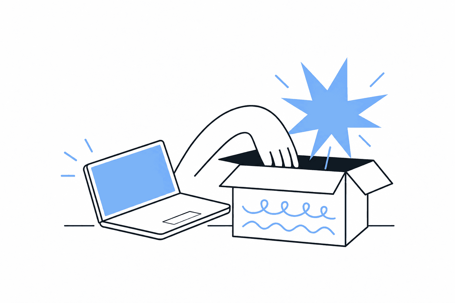 A hand reaching into an open box beside a laptop, pulling out a burst of insight