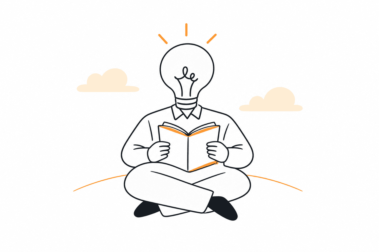 A person with a lightbulb for a head sitting cross-legged, reading a book