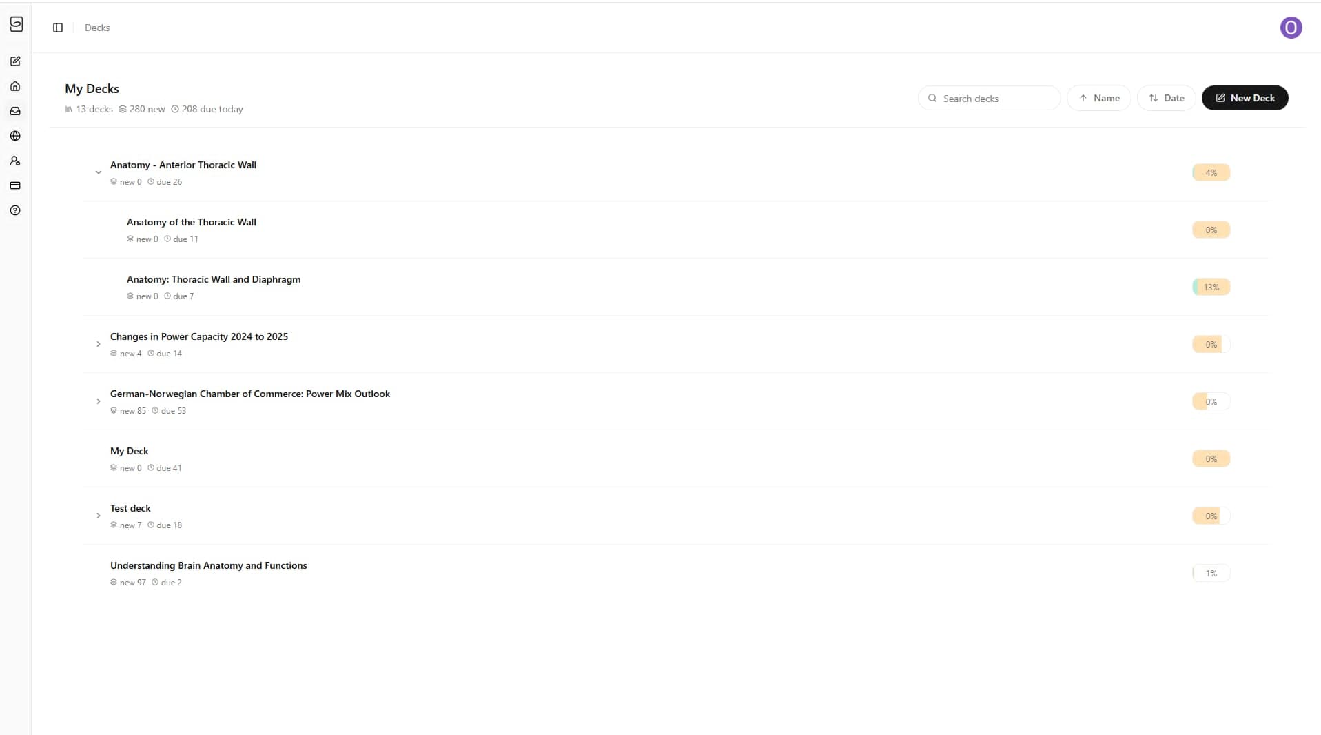 Repetio deck and subdeck system for organizing AI flashcards by subject