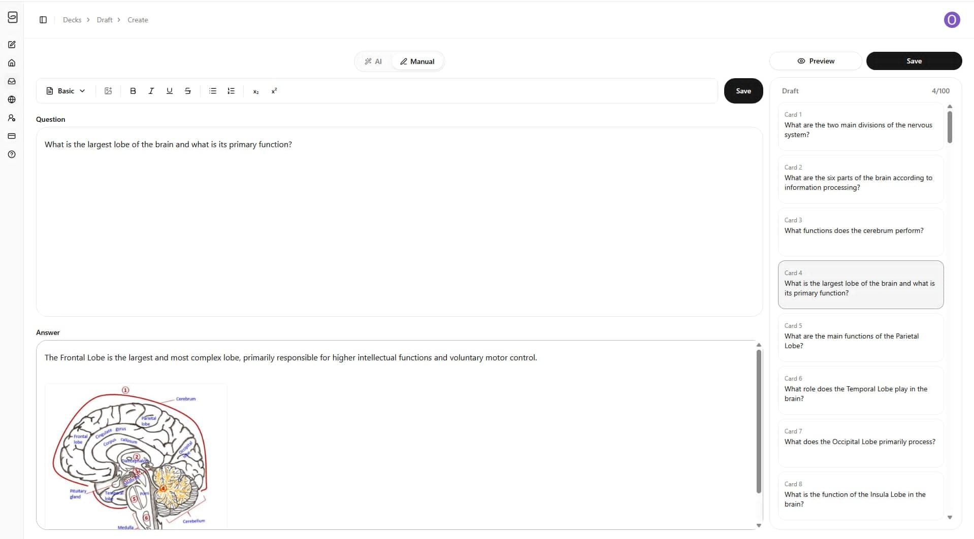 Editing an AI generated flashcard in Repetio and adding an image to the answer