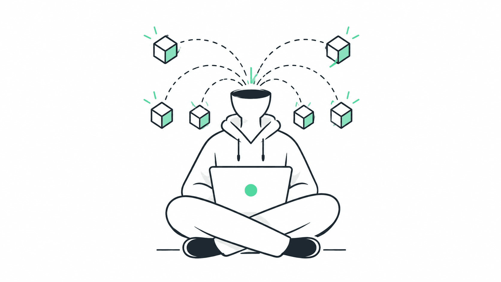 A student on a laptop with small blocks of knowledge flowing into their head